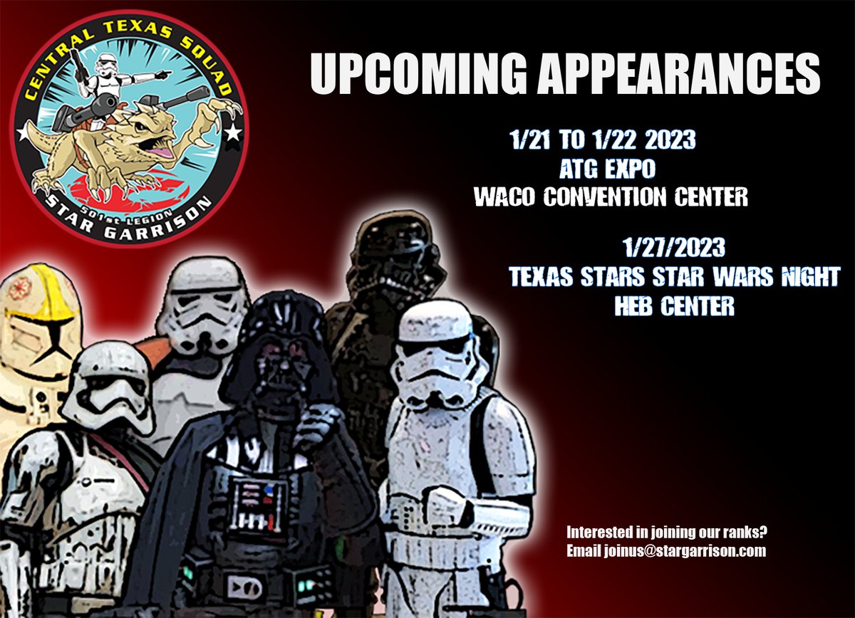 SquadCtx's tweet photo. #CTXSquad invites you to join us at the ATG Expo in Waco 
 https://t.co/f8aMM95dyB  and Texas Stars Star Wars Night  https://t.co/pVYKBrvQpp .  Please see the websites for further details.

Interested in joining us ?  Email joinus@stargarrison.com https://t.co/PCAX7C85ZG