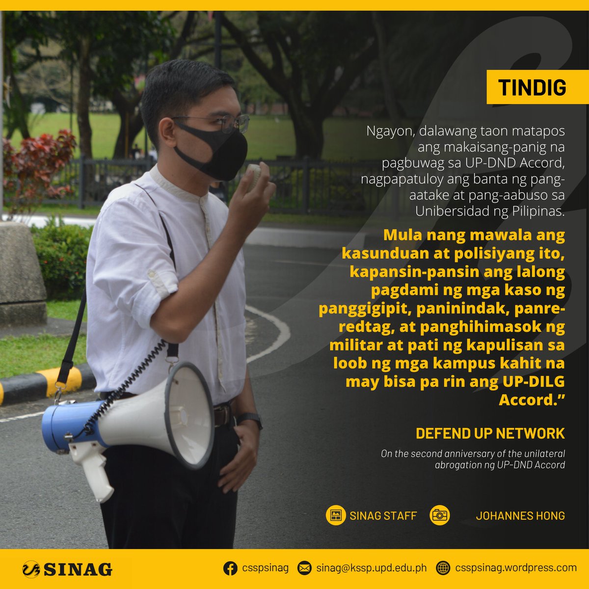 PahayagangKAPP's tweet photo. [TINDIG]  

“DEFEND UP! DEFEND ACADEMIC FREEDOM!”

UP community intensifies and manifests its rejection of the unitary abrogation by the Department of National Defense (DND) of the UP-DND Accord two years after the termination.

#DefendUP
#DefendCSSP
#DefendAcademicFreedom https://t.co/MJzWPCbysq