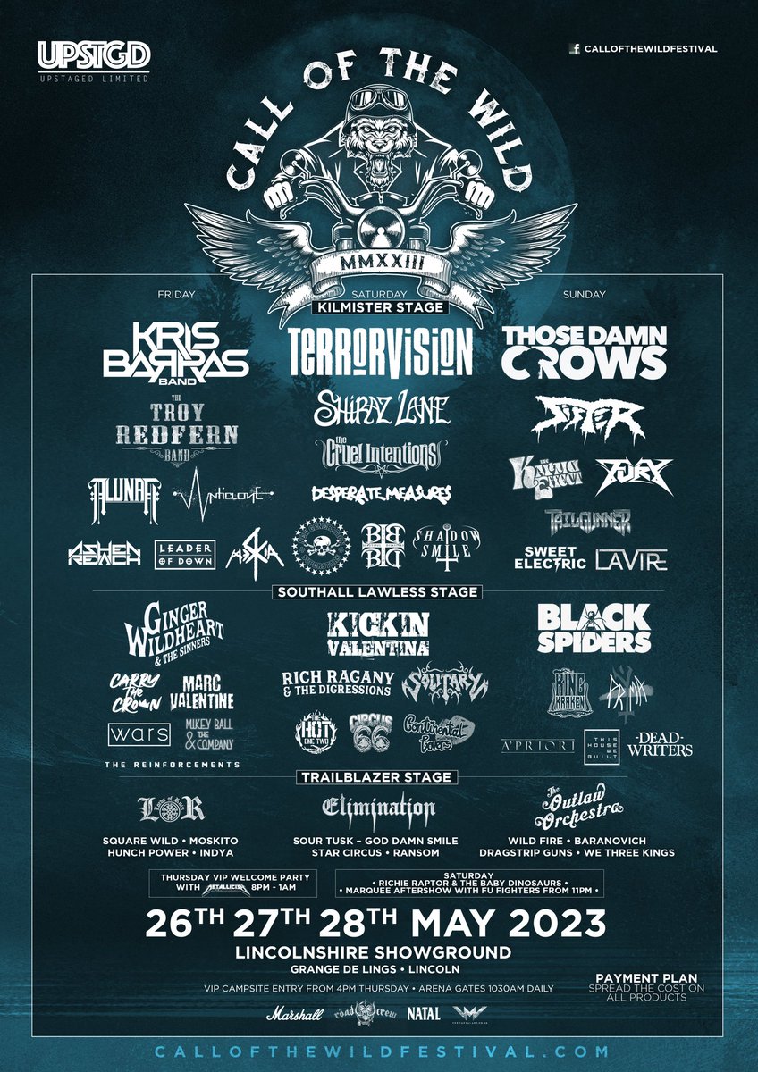 FULL LINE UP for @callofthewildf1 & it's a stunner! @terrorvision @ThoseDamnCrows @KrisBarrasBand @ginger_sinners @KickinValentina & loads more!