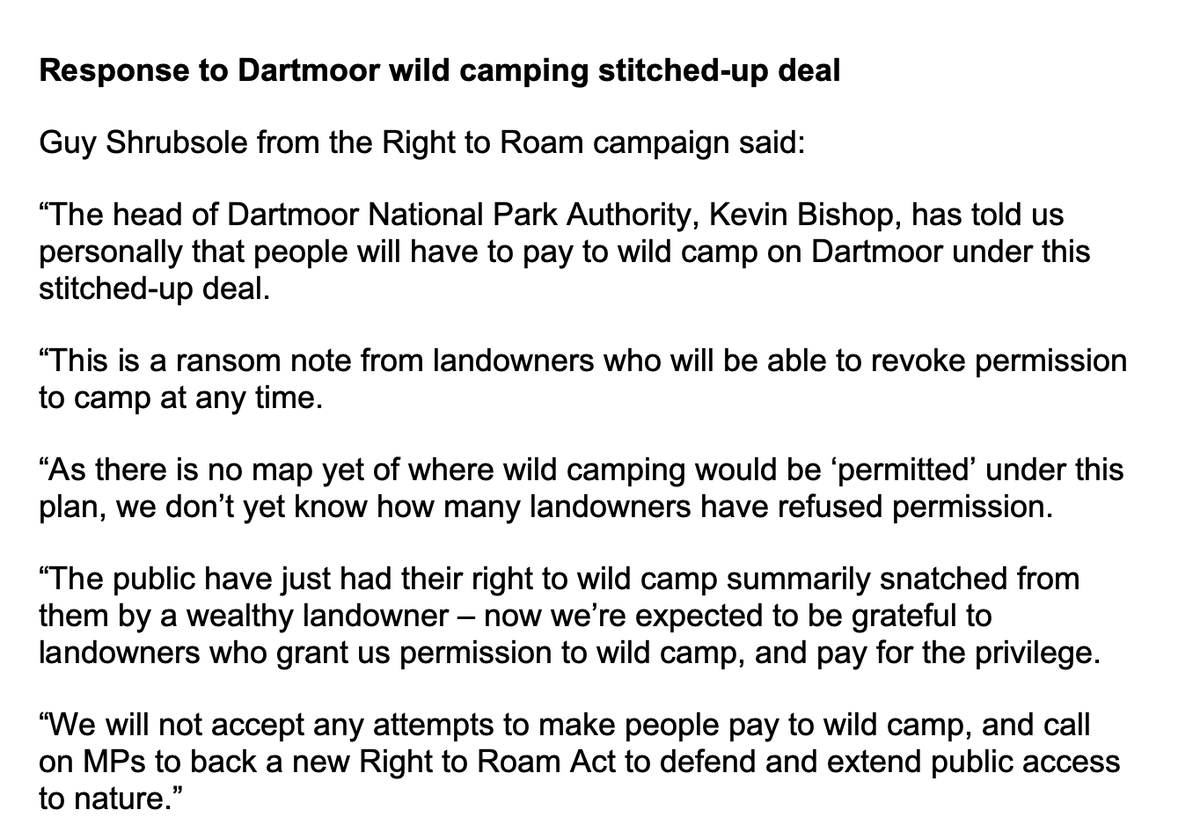 Here is <a href="/Right_2Roam/">Right to Roam</a>'s response to the stitched-up deal between landowners &amp; DNPA over Dartmoor wild camping.

We have been told the public will have to pay to wild camp on Dartmoor.

This is a ransom note from landowners who will be able to revoke permission to camp at any time.