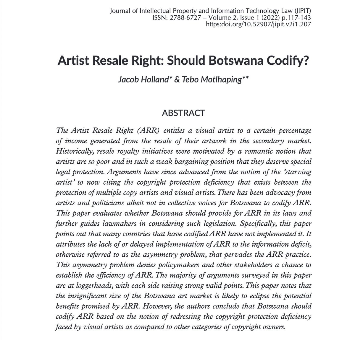 StrathCIPIT's tweet photo. Jacob Holland and Tebo Motlhaping's article on artists' resale rights is accessible via this link--https://t.co/d5hJnOFIpF. Take a glance at what to expect below. 🎉

#JIPIT_Vol2 #artwork #ArtistResaleRight #botswana #artist https://t.co/EPbo8LR7ID