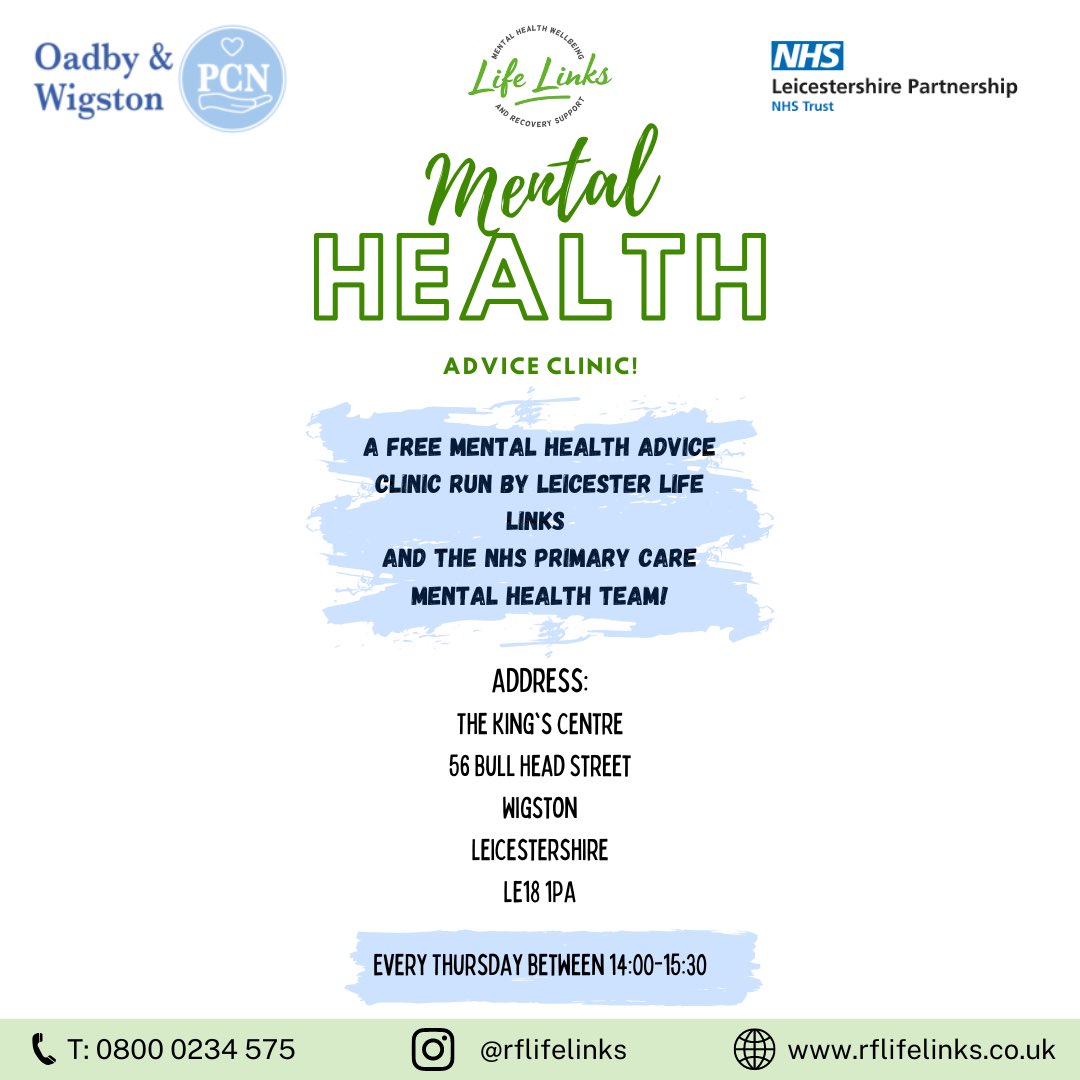 Come and see us today at The King’s Centre in Wigston for our joint Mental Health Advice Clinic!💚 #mentalhealth #MentalHealthMatters #Awareness #advice #support
