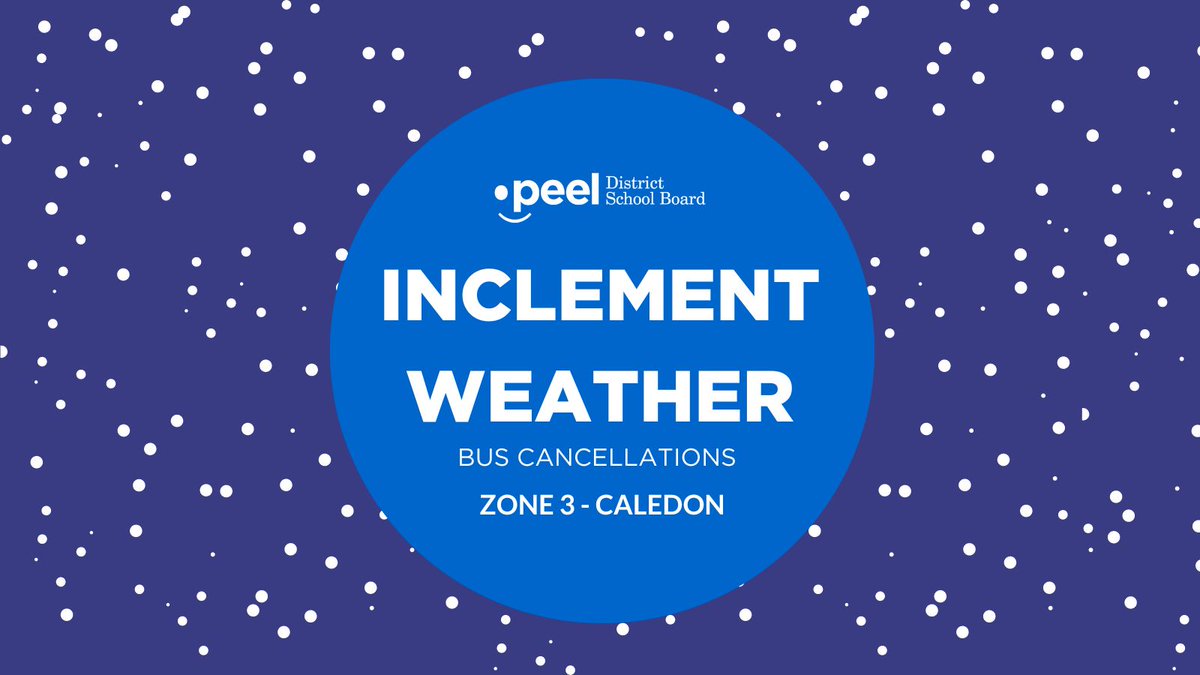 Peel District School Board (@peelschools) on Twitter photo Due to weather conditions, all buses in Zone 3 are cancelled today. Buses are running in Zone 2 and Zone 1. Schools will remain open!
Visit <a href="/STOPRinfo/">Student Transportation of Peel Region (STOPR)</a> or stopr.ca/weather-cancel… for more information. Due to weather conditions, all buses in Zone 3 are cancelled today. Buses are running in Zone 2 and Zone 1. Schools will remain open!
Visit <a href="/STOPRinfo/">Student Transportation of Peel Region (STOPR)</a> or stopr.ca/weather-cancel… for more information.
