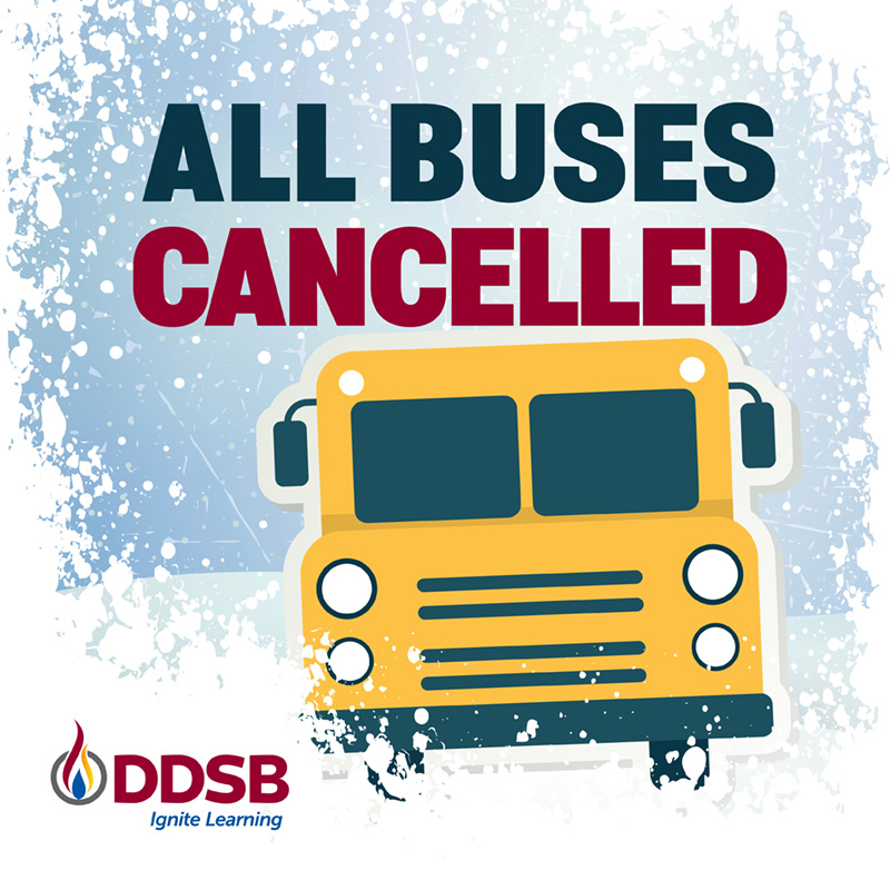 Buses are cancelled in all zones. dsts.on.ca/inclement-weat…

All elementary and secondary schools remain open.

If your child is not attending, please report their absence via SchoolMessenger.