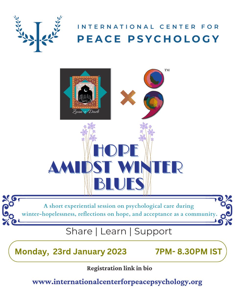 PeacePsych_Intl's tweet photo. Join us for a free online experiential session on psychological care, reflections on hopeless &amp; hope, and community approach to living through the harsh winter season (esp. for people in Kashmir &amp; South Asia)
Registration link: https://t.co/bOaCBx8fpE

#psychology #mentalhealth https://t.co/JJgnRMqA03
