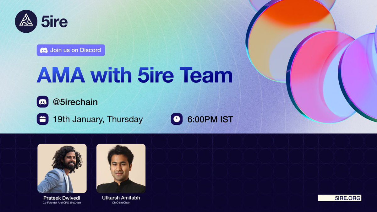 5ireChain's tweet photo. Don't forget to tune in to #5ireAMA Season 2: Ep 1 with our Co-founder and CPO @prateek_fire and CMO @utkarsh_amitabh 🗣

🕔 6:00 PM IST
🗓 19th January 2023
📍 5ire Discord (https://t.co/p6Z7IDDxid)

See You There! 👋 https://t.co/NIeEj92Mj1