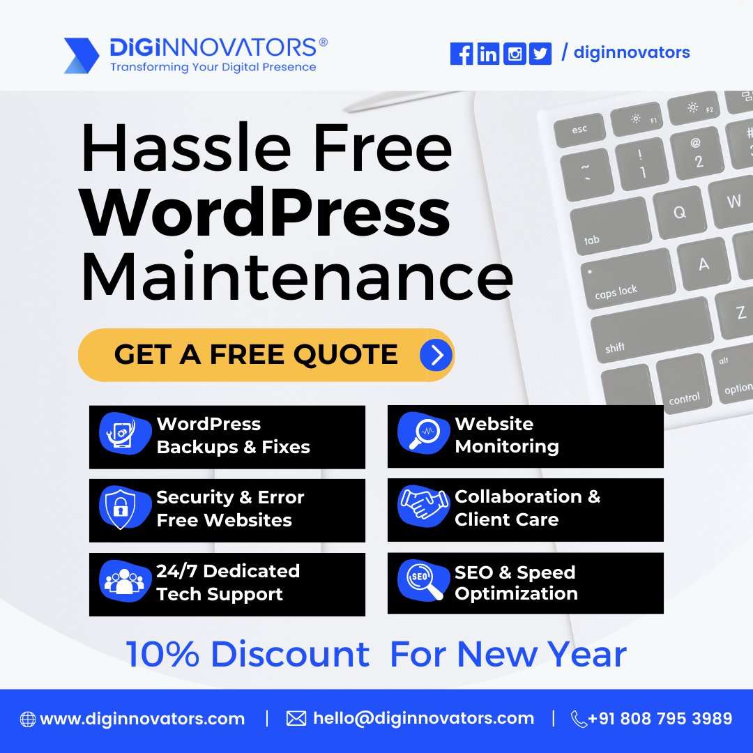 diginnovators's tweet photo. Want to keep your WordPress Website performance at its best ? Get 10% discount for only this New year month ! Get in Touch. #diginnovators #wordpress #WordPressmaintenance #WordPresssupport #Websitemaintenance #Websitemanagement #WordPressManagement #wordpresswebsite #twitter https://t.co/10uoKJUFtb