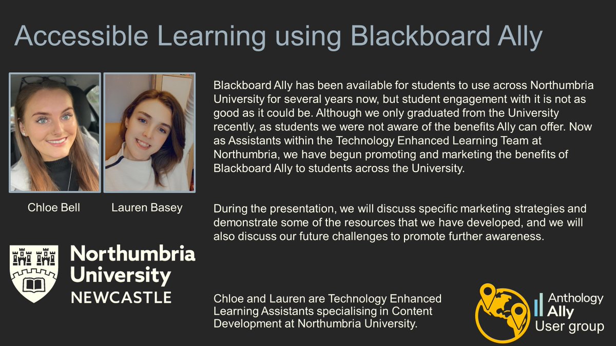 VLEguru's tweet photo. How can we increase student engagement with #accessibility and the benefits of alternative formats?  

@chloebell_22 and @laurenb997 from @NorthumbriaUni will share their experiences at the next Ally User Group Meeting on 26 January. 

Sign up details at https://t.co/SmFp9S4vUg https://t.co/zvqdUC6V7m