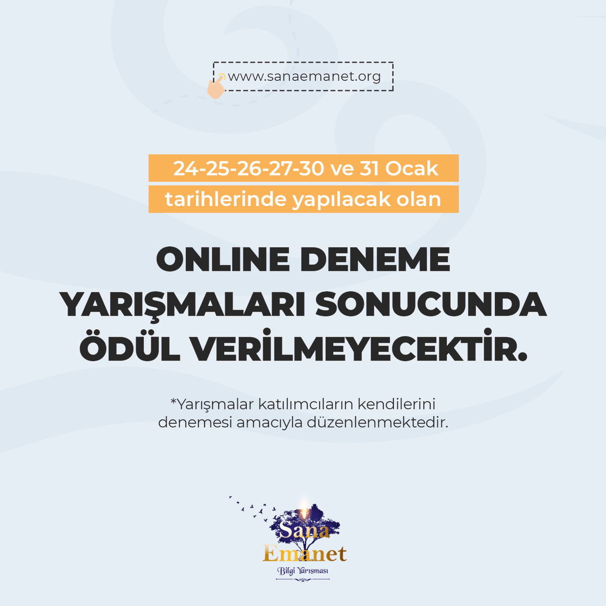 sanaemanetorg's tweet photo. 📌Hatırlatma Mesajıdır 😍

Sana Emanet Bilgi Yarışması öncesi kendini deneyebilmen için online deneme yarışmaları düzenliyoruz! @sanaemanetorg 😊

#sanaemanet https://t.co/Hv0u3d0HOB