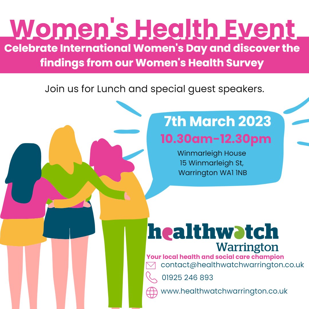 Celebrate International Women's Day with <a href="/HWWarrington/">Healthwatch Warrington</a> on 7th March 2023 &amp; discover the findings from their latest Women's Health Survey!
Register to join➡️ rpst.page.link/b1ie #IWD2023 #EmbraceEquity #internationalwomensday #genderparity #women