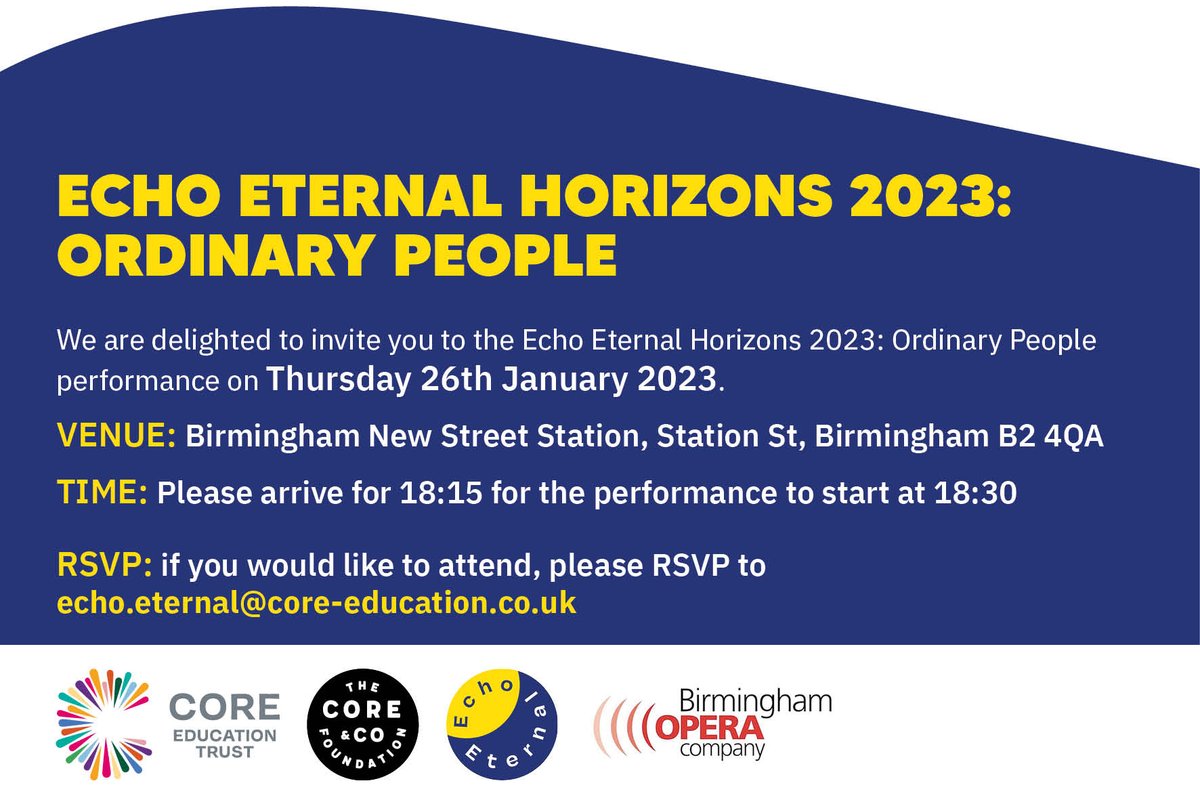 EchoEternal112's tweet photo. We are delighted to announce that this years Echo Eternal Horizons performance, will be open to all. Taking place at New Street Station at 18.30 on the 26th January 2023. The performance pays tribute to Holocaust Survivor Testimony @COREEducate @BirminghamOpera https://t.co/ZwOsVsatNL