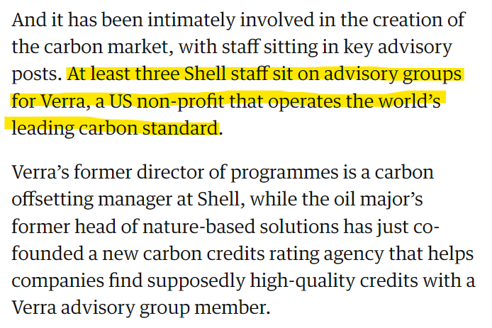 a single oil giant buying up huge amounts of nature-based carbon offsets, many of which are junk, has three staff on the advisory board of the organization that runs the world's biggest carbon crediting scheme