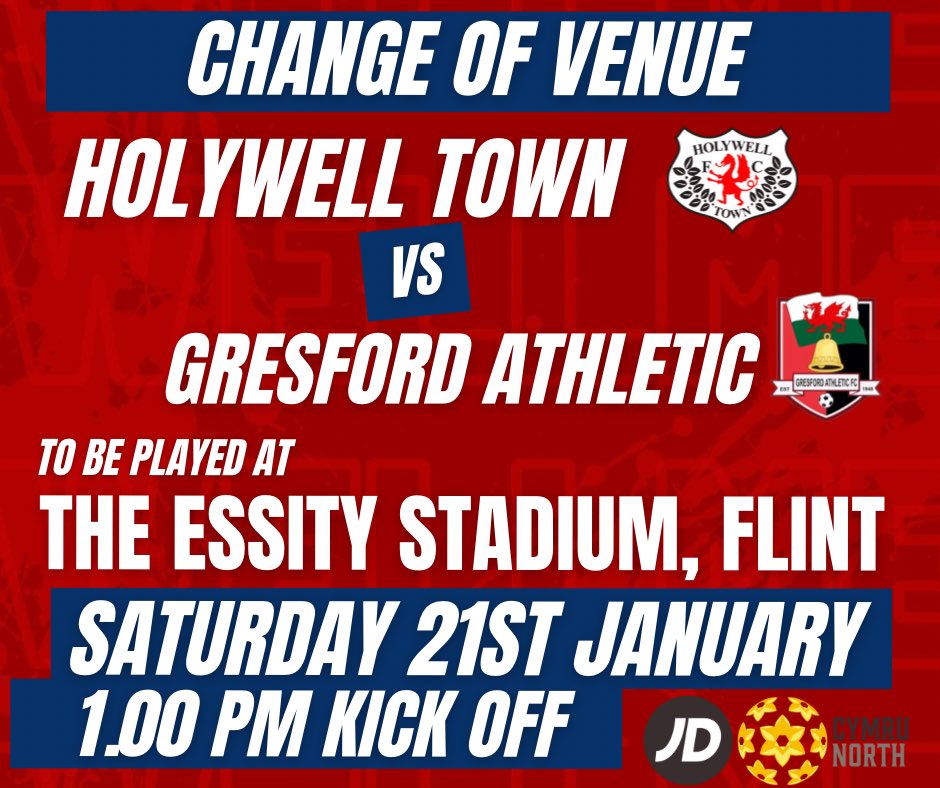 🚨PLEASE NOTE CHANGE OF VENUE AND KICK OFF TIME🚨

N E X T  U P

Back to <a href="/CymruLeagues/">JD Cymru Leagues 🏴󠁧󠁢󠁷󠁬󠁳󠁿</a> action for the Wellmen as we take on <a href="/GresfordFC/">Gresford Athletic FC</a> 

Please Come along to Flint and show your support 🔴⚪️🔴

🏟 The Essity Stadium, Flint 
📆 Saturday 21st January
⏰ Kick off 1.00pm

#Wellmen