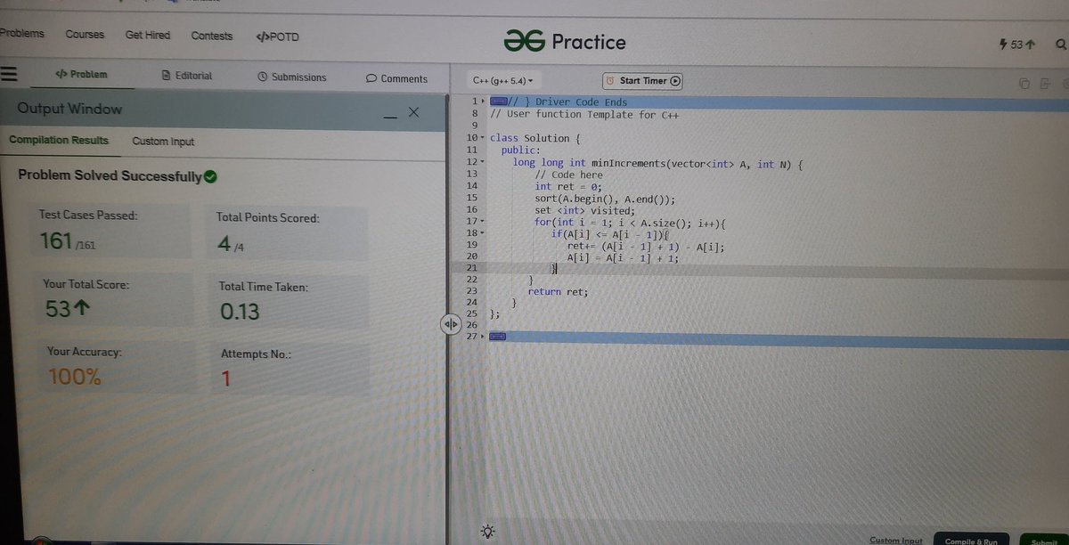 devdnp's tweet photo. @geeksforgeeks #ProblemOfTheDay Used CPP as I was getting error using ArrayList in Java, I used it for checking my approach and it worked so I submitted it in cpp😂

#Day10
#10DaysOfCode completed.

I challenged myself with #20DaysOfCode on this day... https://t.co/JuuWGgY3Tb