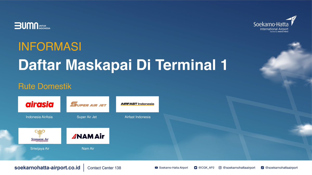 Halo #sobatCGK aku mau kasih info nih, berikut daftar maskapai yang ada di Terminal Bandara Internasional Soekarno-Hatta✨

Jangan sampai salah yaa🫶🏻

Terminal 1 :