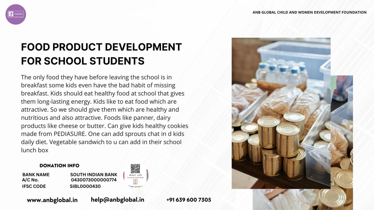 GlobalAnb's tweet photo. Food Product Development for School Students Anb Global Child and Women Development Foundation
help@anbglobal.in
https://t.co/GeQC8yGm6R
 #foundation #ngo #chairty https://t.co/5BqI9lg5yy
