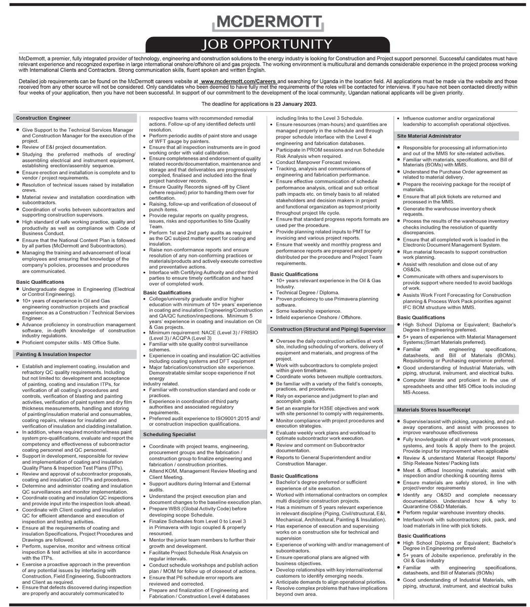 TotalEnergiesUG's tweet photo. #TotalEnergiesEPUganda through McDermott invites applications for #𝐉𝐎𝐁𝐒 from all suitable candidates.
Details👉 https://t.co/AGFO2XZFfd
#ConstructionEngineers | #NationalContent | #UgandaOilAndGas | #TilengaProject https://t.co/xowC6buvHM