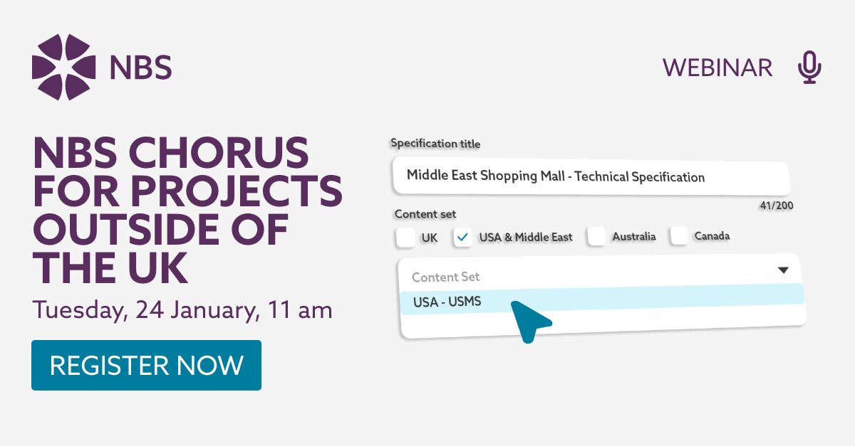 theNBS's tweet photo. We've just launched our new USA Master Specification content library in NBS Chorus! Join @StephenHamilNBS, Tina Pringle and Mark Schumann to learn all about NBS Chorus and the USMS content library and how it will benefit your global projects 👉  https://t.co/tOKRihCz3i https://t.co/yUtb9pj9Ew