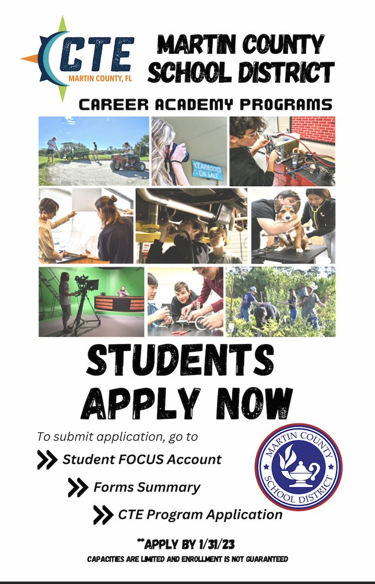 MCSDFlorida's tweet photo. 🍎PAVING FUTURE PATHWAYS🍎

Apply today to the 23-24 Career &amp; Technical Education (@CTEinMCSD)!

CTE gives high school students hands-on training in their chosen program through clinicals, lab settings, job shadowing and internship opportunities. Students can apply in FOCUS. https://t.co/MA6FuiCuxP