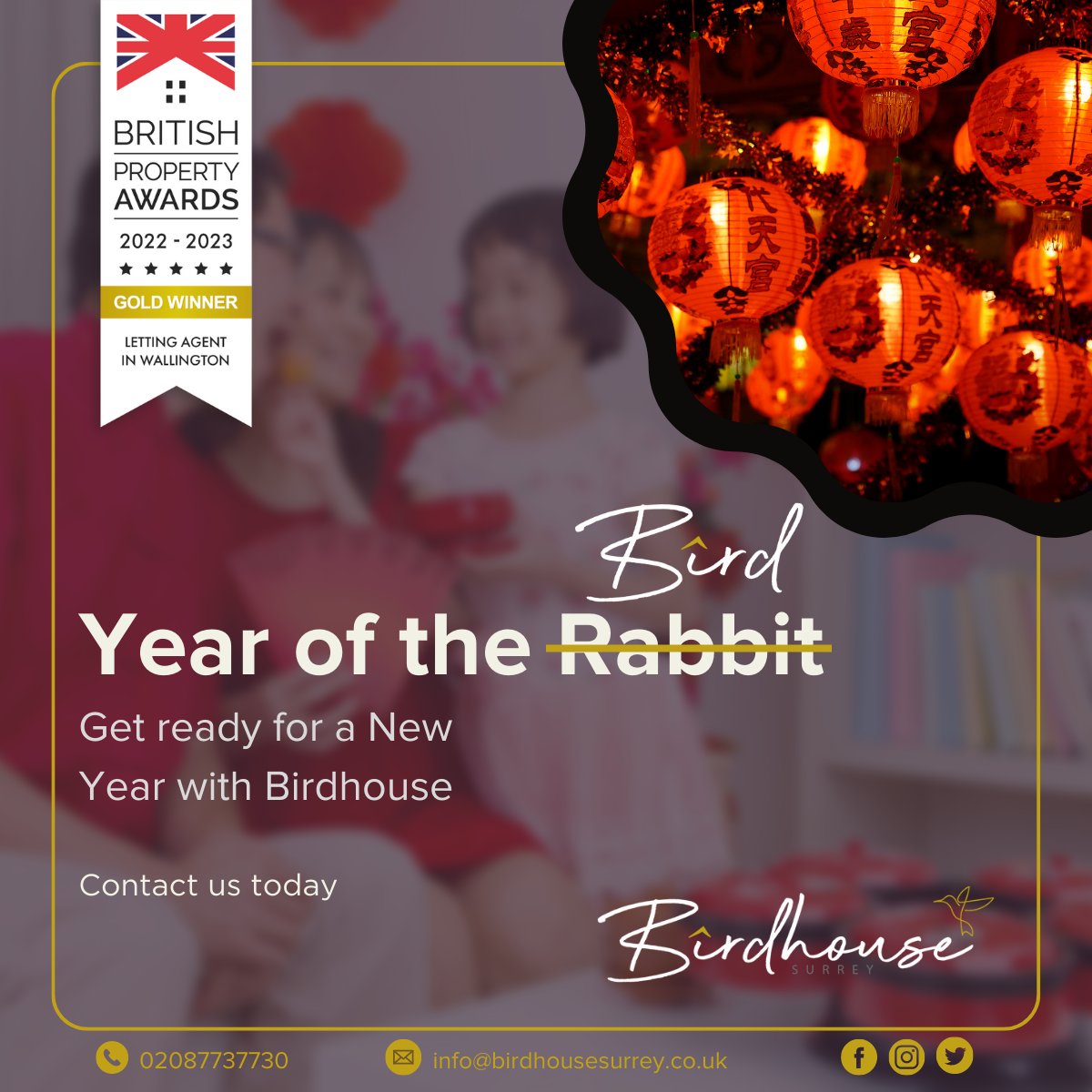SurreyBirdhouse's tweet photo. Chinese New Year is upon us, and we’re making this year the ‘Year of the Bird’!

As the Gold Winner of the British Property Awards 2022-2023, you can expect our services to keep excelling this year!

Contact us today at https://t.co/JtUrH6ttrG. https://t.co/TO7WSKsKfy
