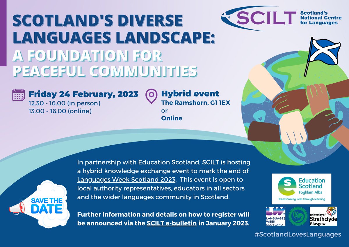 scottishcilt's tweet photo. Our hybrid knowledge exchange event links with this year's Languages Week Scotland theme ‘languages for a peaceful world’. Save the date if you're an LA rep, educator, or involved in Scotland's languages community! Registration opens soon. More info:  https://t.co/LBudI3hgoF https://t.co/HY4pw2PaJG
