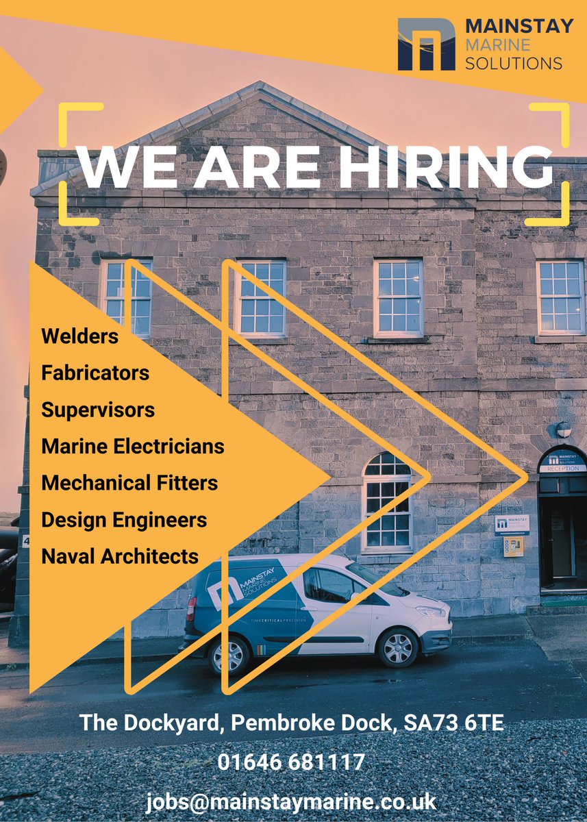 📢Mainstay is #hiring 
#Welders
#Fabricators
#Supervisors 
#MarineElectricians 
#MechanicalFitters
#DesignEngineers
#NavalArchitects
👉Permanent Contracts (subject to probation)
👉Life insurance
#Recruitment #Jobs #Employment #Career #Recruiting #FutureProofing #PembrokeDock