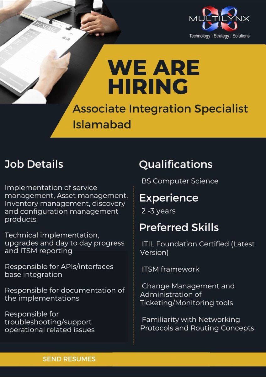 zaid__munir's tweet photo. π Job Alert π
Position: Associate Integration Specialist
#jobalert #TnJ #TalentnJobs #integrationengineer #integrationdeveloper #computerscience #itil #itsm #networking #routing #api #apis #troubleshooting https://t.co/bnifoY7SkW