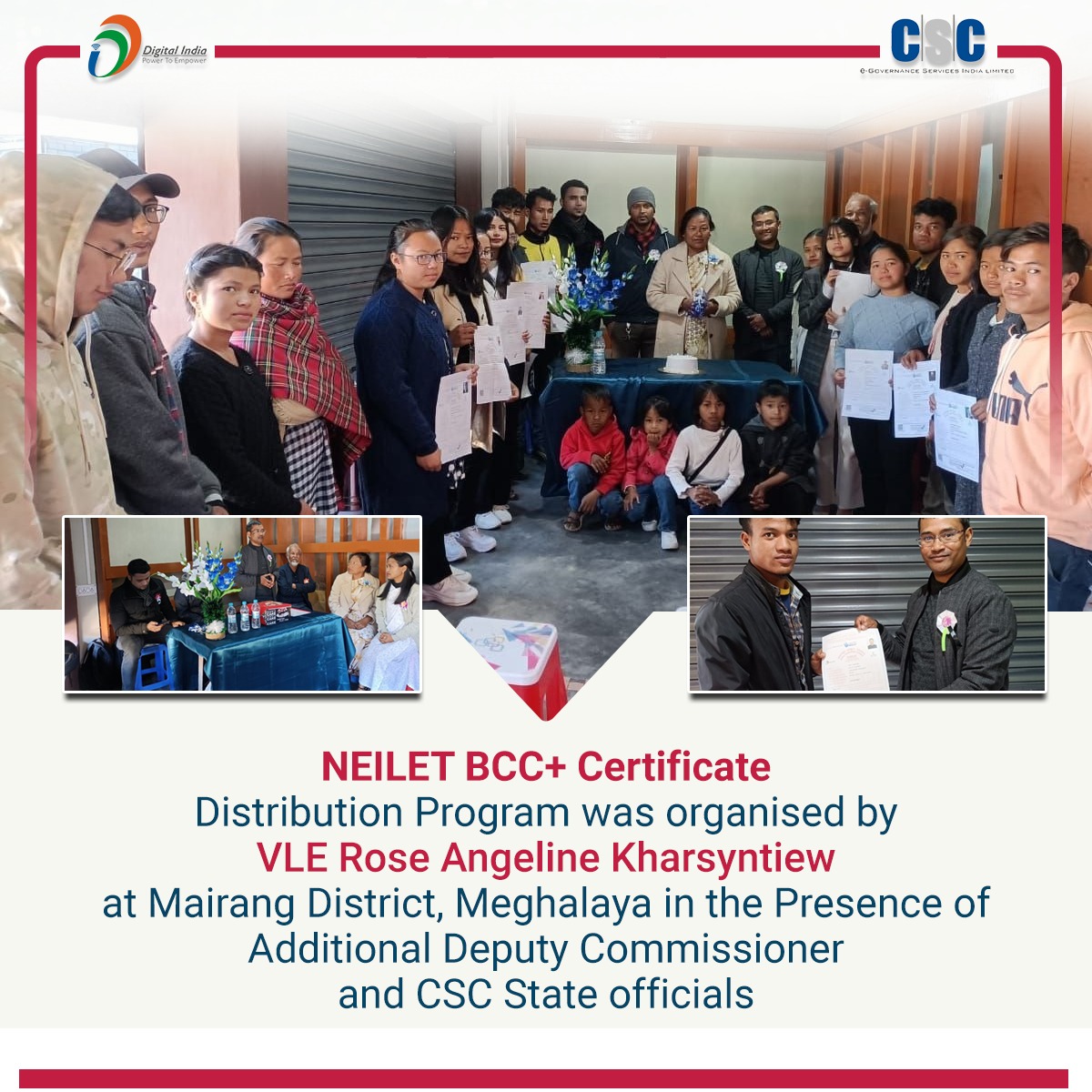 CSCegov_'s tweet photo. NEILET BCC+ Certificate Distribution Program was organized by VLE Rose Angeline Kharsyntiew at Mairang District, #Meghalaya in the Presence of an Additional Deputy Commissioner and CSC State officials.

#CSC #DigitalIndia #RuralEmpowerment #NEILET #BCCcourse #CSCAcademy https://t.co/Fr8wkXIZnl