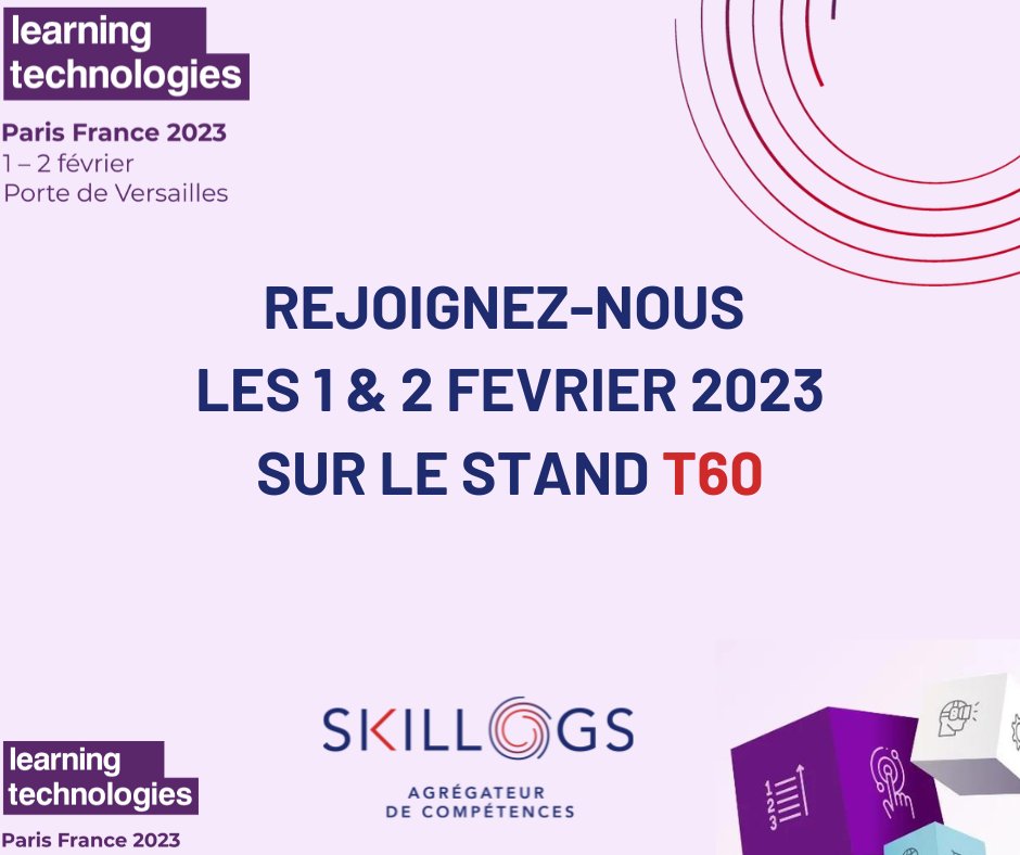 Save The Date ! Rendez-vous au Learning Technologies-Stand T60. 
Skillogs c'est :
👉 Des parcours e-learning certifiants tout au long de la vie, avec plus de 10 000 certifiés par an.
👉 Des services &amp; supports dédiés aux certificateurs.
 Votre badge ici : bit.ly/3Xjnrpl