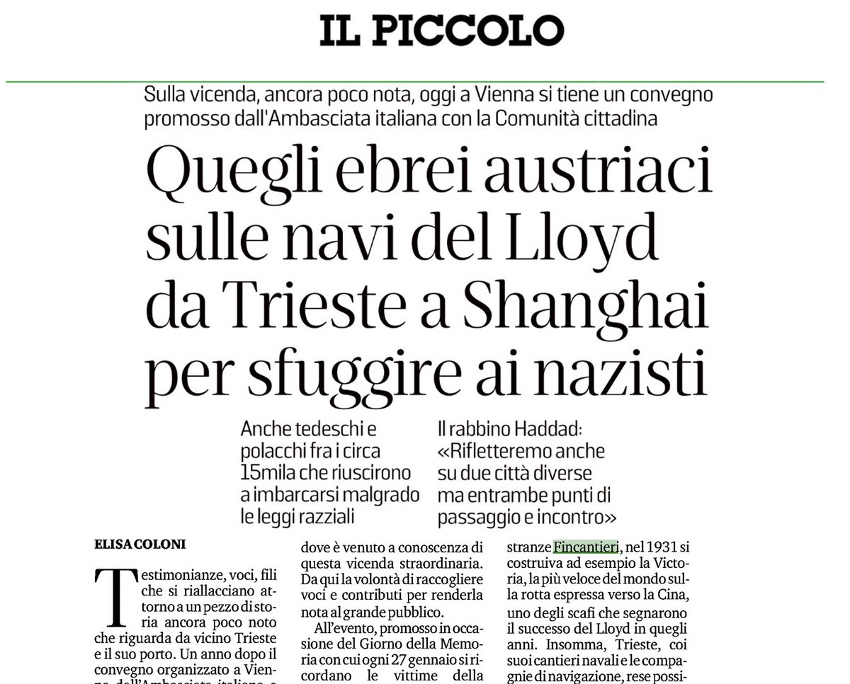 #Oggi a Vienna si tiene un convegno promosso dall'Ambasciata italiana con la #ComunitàEbraica di Trieste in ricordo degli oltre 15mila ebrei che riuscirono a sfuggire alle persecuzioni naziste imbarcandosi sui translatantici del #Lloyd Triestino alla volta di Shanghai.

#FinNews