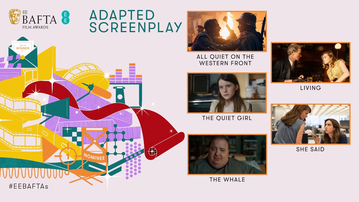 Turning page to screenplay are the Adapted Screenplay nominees!

✒ ALL QUIET ON THE WESTERN FRONT
✒ LIVING
✒ THE QUIET GIRL
✒ SHE SAID
✒ THE WHALE

#EEBAFTAs