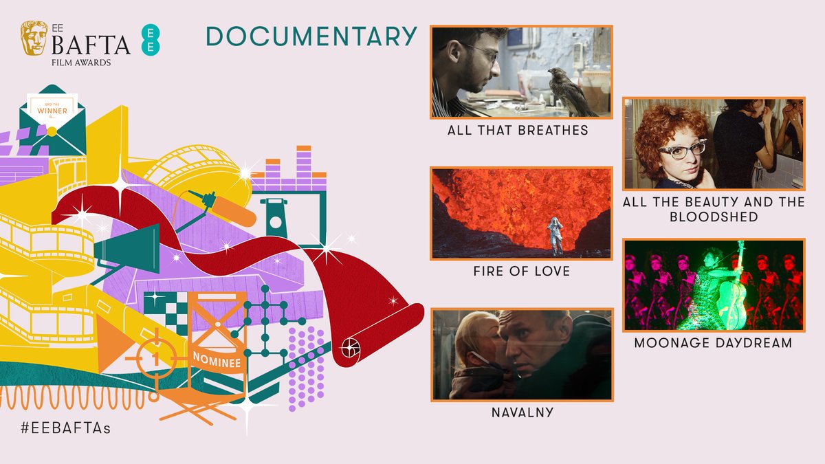 And our nominees in the Documentary category are… 🎥 ALL THAT BREATHES 🎥 ALL THE BEAUTY AND THE BLOODSHED 🎥 FIRE OF LOVE 🎥 MOONAGE DAYDREAM 🎥 NAVALNY #EEBAFTAs