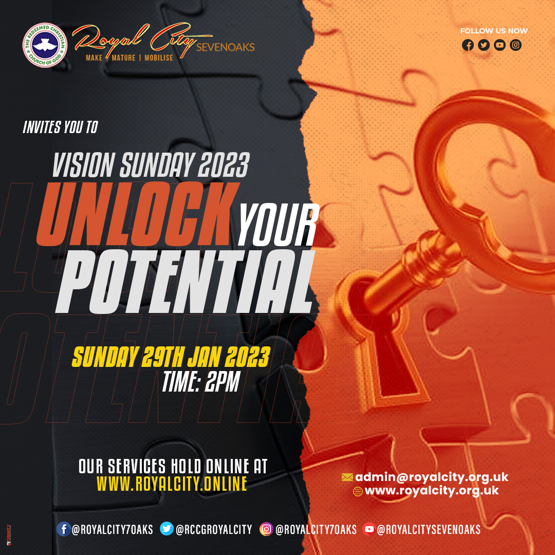 RCCGRoyalCity's tweet image. You are specially invited to Vision Sunday with theme Unlock Your Potential on Sun 29/01/2023 @ 2pm, join us as we are empowered with clarity of vision to unlock our potential, achieve greatness......

royalcity.online

#OverflowingBlessings #UncommonFavour #Vision