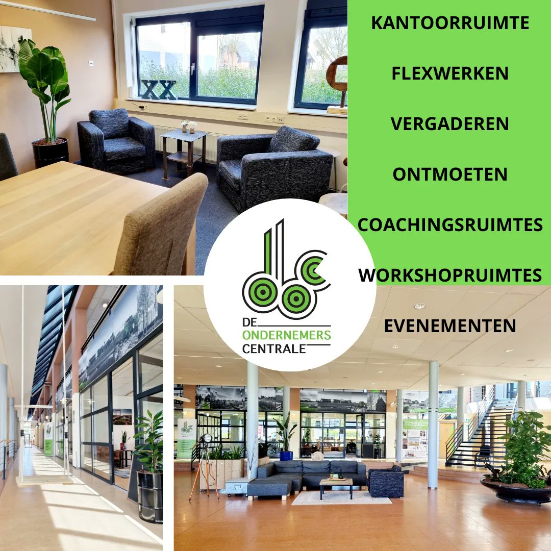 De OndernemersCentrale.
Een dynamische plek met flexplekken, kantoorruimte, coaching- en vergaderruimten. 
De lichte centrale hal straalt rust uit en is een mooie ontmoetingsplek voor iedere ondernemer.

🌍 deondernemerscentrale.nl
☎️ 06-13354086
📧 majsa@deondernemerscentrale.nl