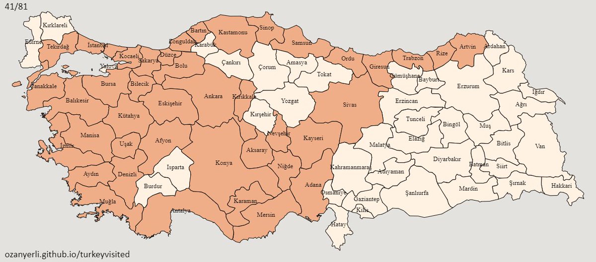 Türkiye'de ziyaret ettiğiniz şehirleri işaretleyebileceğiniz bir websitesi. 

Benim harita bu şekilde😊 ya sizin haritanız nasıl görünüyor?