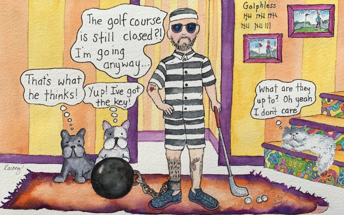 GM WEB3! Another cartoon drawn by my mother during COVID, when it first started!! It helped make time go by for her, when we were all in lock down!! Thanks Mom!! #covidsucks #lockdown #nogolf #stuckindoors #stuckhome
