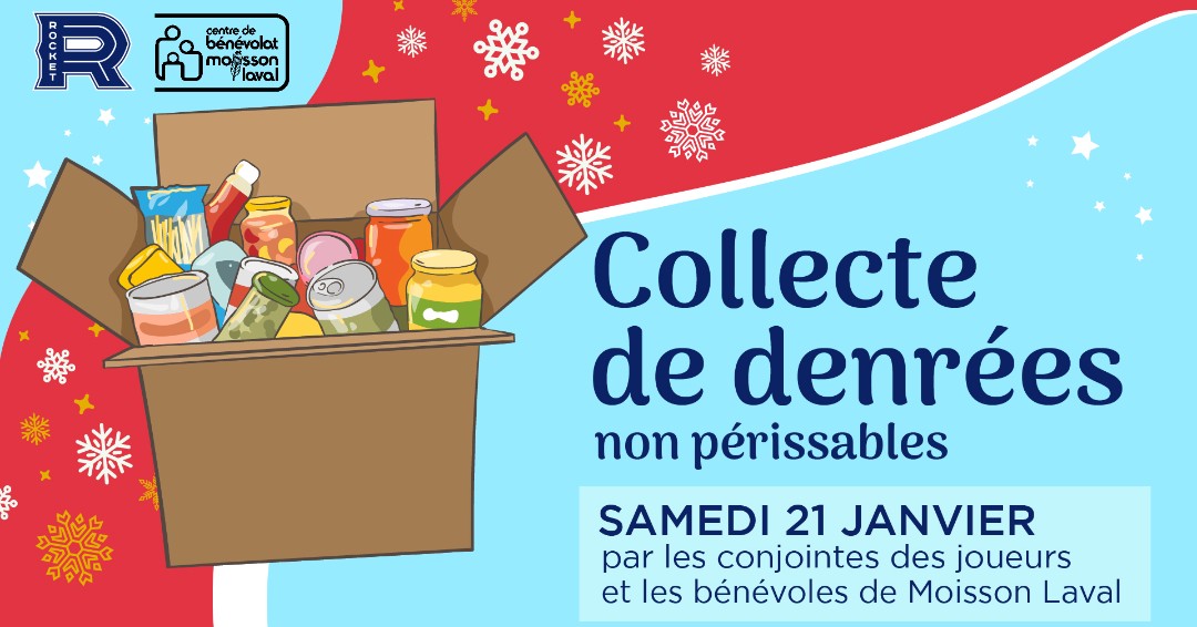 Vous avez vos billets pour le match du Rocket de Laval du 21 janvier ? 🔵⚪🔴

Nos bénévoles seront accompagnés des blondes des joueurs du Rocket de Laval, afin de nous aider à recueillir vos dons. 😄

N'oubliez pas d'apporter vos denrées ! 🥫🥫🥫 #rocketdelaval #dons