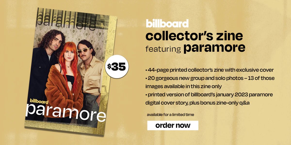 YELYAHPOI's tweet photo. paramore have teamed up with Billboard to create a collectors zine, featuring exclusive photos and interviews as they embark on their new and final era with Atlantic Records. their full interview with Billboard is now available on youtube https://t.co/HLzgBwD02v