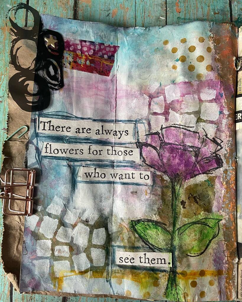 BearseKaren's tweet photo. Day 8: Bloom… #junkjournaljanuary lots of @dinawakley on this one!! Flower is colored with #scribblesticks loving the new transparencies, used a piece as the tab. #dinawakley #showusyourmedia #dinawakleymedia #rangerink #mixedmedia #stampersanonymous… https://t.co/YQyqmVtS2d https://t.co/QNacukB5Ih
