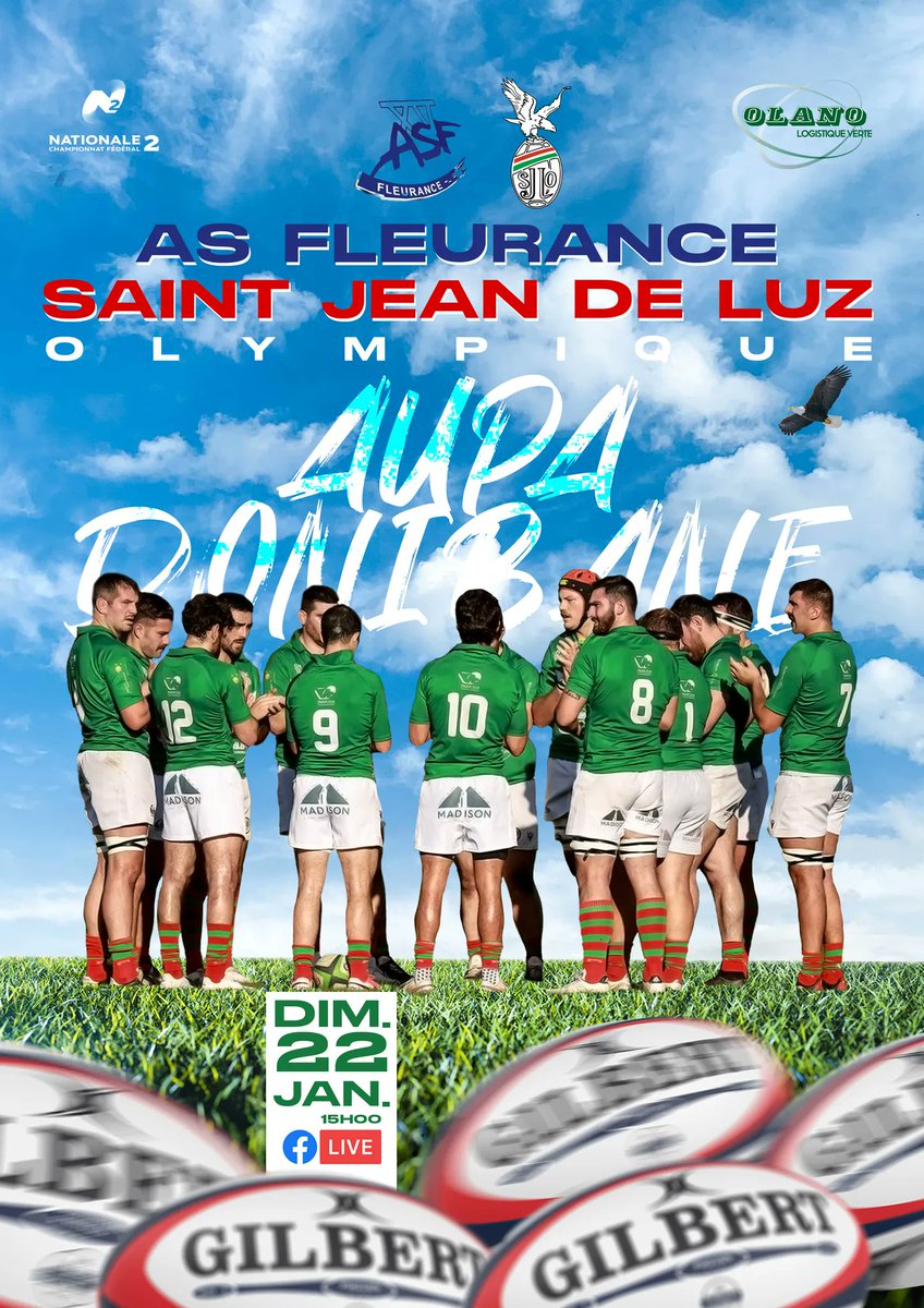 𝐀𝐒𝐅-𝐒𝐉𝐋𝐎: 𝐋'𝐀𝐅𝐅𝐈𝐂𝐇𝐄 𝐃𝐔 𝐌𝐀𝐓𝐂𝐇

Déplacement dans le Gers ce Dimanche pour nos Luziens : 

📅 DIMANCHE 22 JANVIER
🆚 As Fleurance Rugby
🏟 Stade Marius Lacoste
🕞 15:00
🎥 EN DIRECT SUR FACEBOOK

#ASFSJLO 🦅