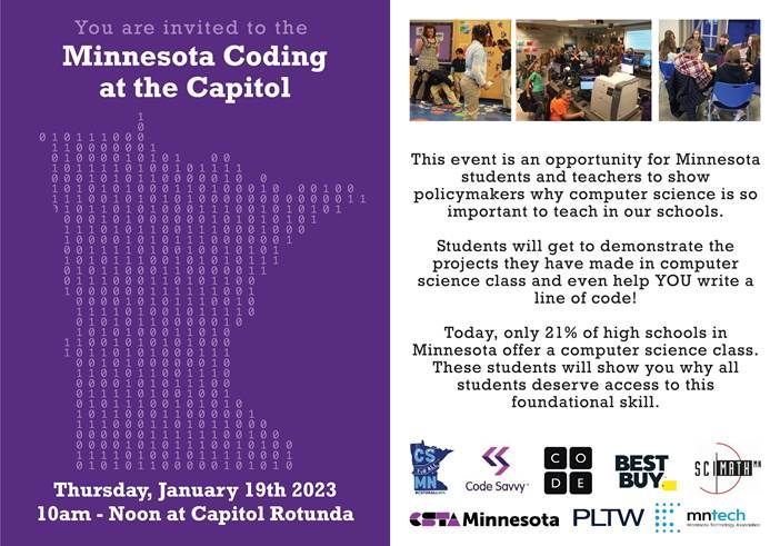 We will be at the State Capitol today driving awareness to the need for equitable CS education in MN.