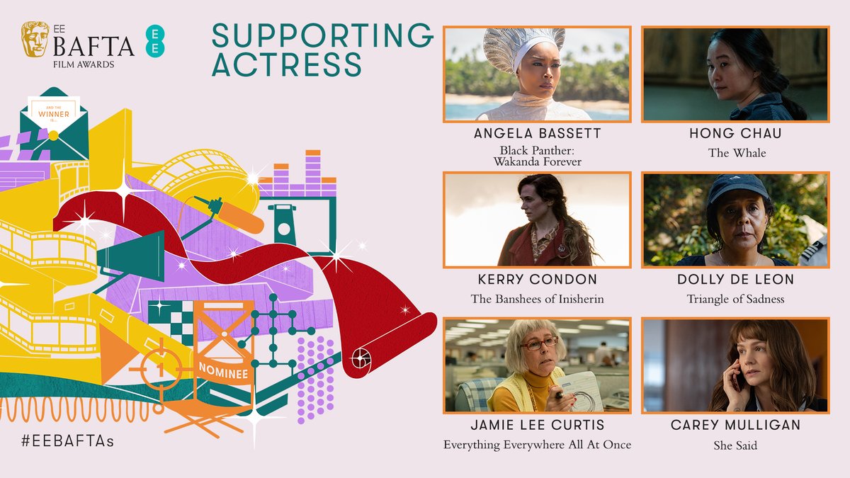 And for Supporting Actress ✨ ANGELA BASSETT, Black Panther: Wakanda Forever HONG CHAU, The Whale KERRY CONDON, The Banshees of Inisherin DOLLY DE LEON, Triangle of Sadness JAMIE LEE CURTIS, Everything Everywhere All At Once CAREY MULLIGAN, She Said #EEBAFTAs