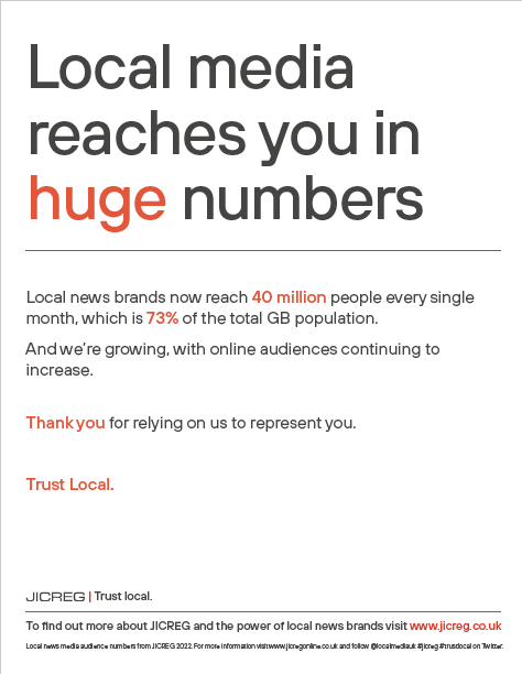 newsmediaorg's tweet image. New @JICREG data shows 40 million people now read local news media in print and digital every month, with a @newsworks_uk survey showing public trust in local news brands has grown sharply in recent years. newsmediauk.org/blog/2023/01/1…  #trustlocal #jicreg