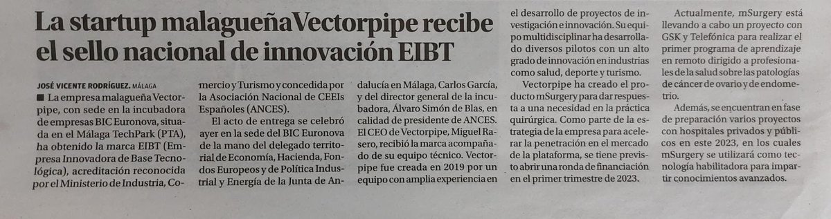 La startup malagueña <a href="/vectorpipe/">Vectorpipe SL</a> recibe el sello nacional de innovación EIBT (Empresa Innovadora de Base Tecnológica) 🥇

La firma, con sede en <a href="/BicEuronova/">BIC Euronova</a>, ha desarrollado la plataforma #mSurgery para facilitar la práctica quirúrgica. 

🗞 <a href="/josevirodriguez/">J. Vicente Rodríguez</a> <a href="/opiniondemalaga/">La Opinión de Málaga</a>
