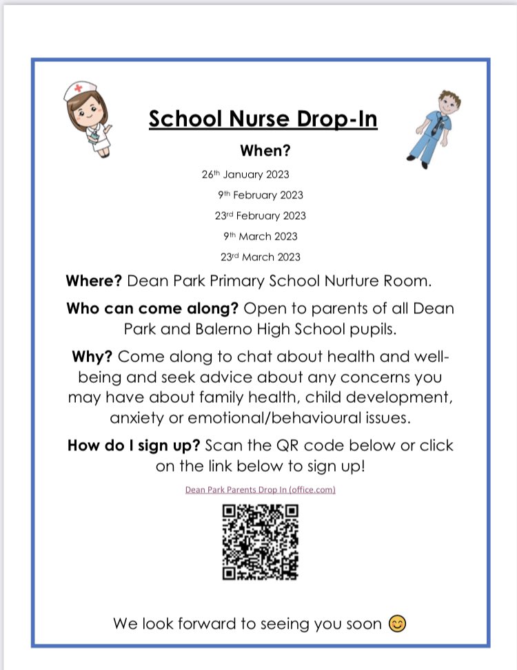 School nurse, Elizabeth Scotston, is offering drop-ins this term. See image for details