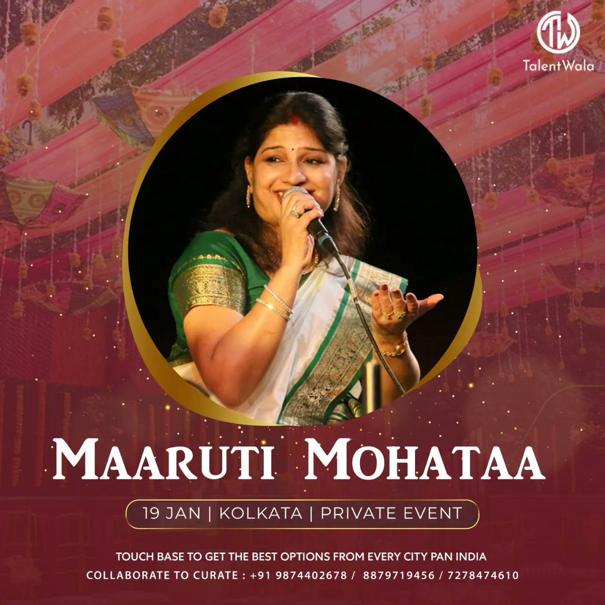 Talentwaladotin's tweet photo. Maruti Mohta, a ceremonial singer will
create a pleasant ambiance to make a Myra ceremony
into a memorable event to showcase forever, today in
Kolkata.
#singer #singers #singerlife #Singerchallenge
#singersongwriter #singersspotlight #talentwala
#artistmanager #kolkataevents https://t.co/4l5oU56Ubf
