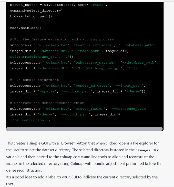 Fred3dstudio's tweet image. And you can ask #ChatGPT to generate a GUI to let the user select the dataset used by #Colmap.