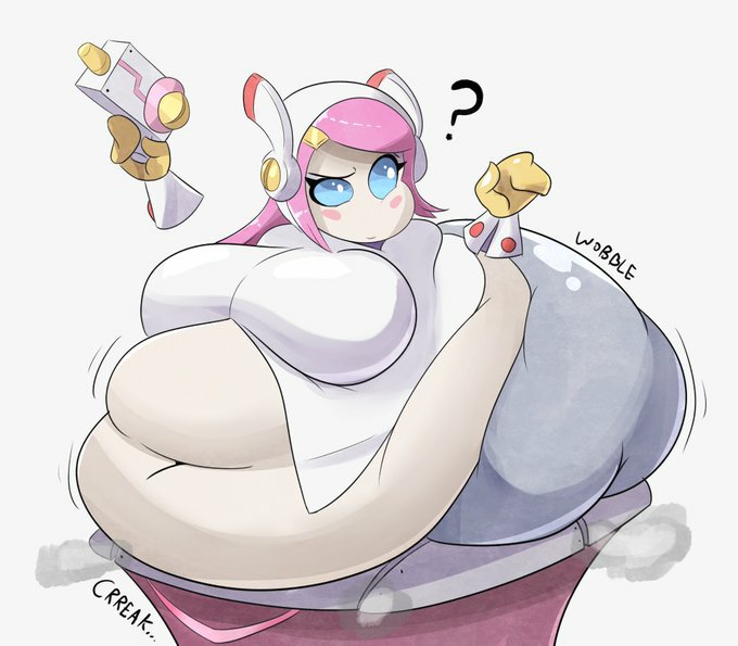 HeavyHaltmann's tweet photo. "Hm.. There seems to be a problem.. getting in and out of my Business Suit.."

The squishy secretary mused, trying to wriggle out of her mecha suit, which sometimes creaked under her weight. https://t.co/NP41Zh01d8