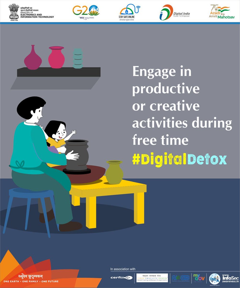 InfoSecAwa's tweet image. #StaySafeOnline #infosecawareness
Engage in productive or creative activities during free time  #cyberhygiene #digitaldetox 
#BeSafe #StaySafe #G20India #SSOIndia #MyGov #MeitY
Follow for more tips...