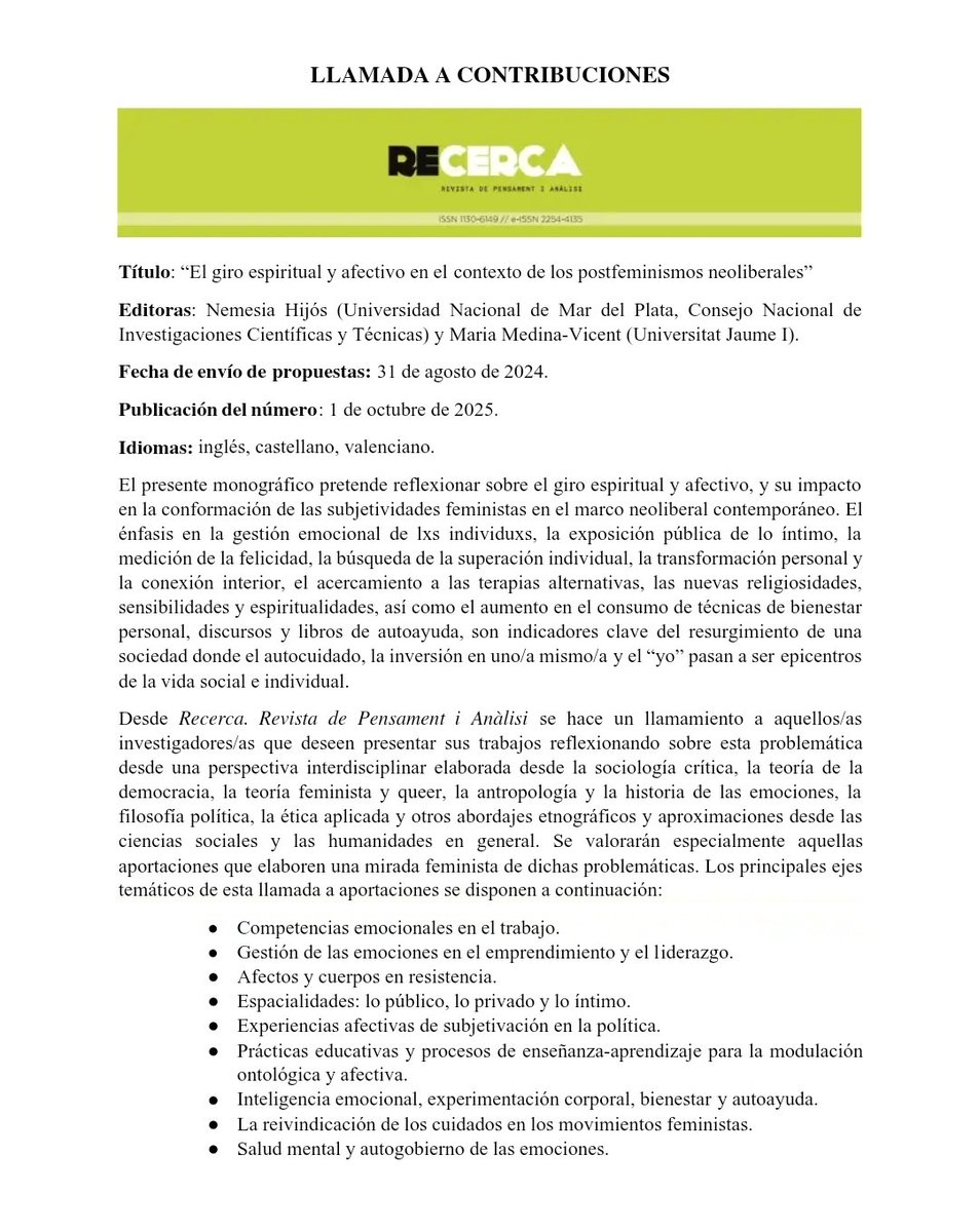 nemehijos's tweet photo. 📣 2023 arranca con el llamado a contribuciones para el número especial "El giro espiritual y afectivo en el contexto de los postfeminismos neoliberales" con @MMVicent en #RecercaRevista, del Departamento de Filosofía y Sociología de @UJIuniversitat 🇪🇦

🔗 https://t.co/1IV5y8gLI2 https://t.co/yik2mpipYJ